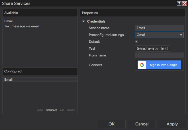 NinjaTrader 8 Share Services window with Preconfigured settings set to Gmail: the properties are reduced to Service name, Preconfigured settings, Default, the Send e-mail test button, From name and a Connect row with a Sign in with Google button