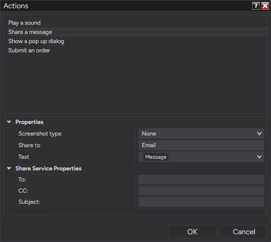 NinjaTrader 8 Actions window for an alert: Play a sound, Share a message (selected), Show a pop up dialog and Submit an order in the list; Properties with Screenshot type None, Share to Email and Text holding the Message label; Share Service Properties with empty To, CC and Subject fields