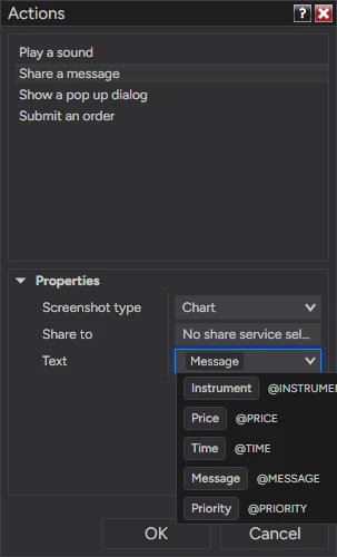 NinjaTrader 8 Actions window with Share a message selected, Screenshot type Chart, no share service selected, and the Text dropdown open on the labels Instrument, Price, Time, Message and Priority with the keywords @INSTRUMENT, @PRICE, @TIME, @MESSAGE and @PRIORITY beside them