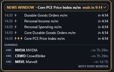 WotT Event Monitor panel in NinjaTrader 8 during a news window: an amber NEWS WINDOW pill for Core PCE Price Index m/m, five 14:30 releases with impact bolts, and an EARNINGS section with NVDA, CRWD and MRVL