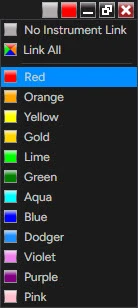 NinjaTrader 8 instrument link menu open under the two link buttons, one gray and one red, in a chart window's top right corner: No Instrument Link, Link All, then twelve link colors from Red to Pink, with Red highlighted
