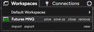 NinjaTrader 8 Control Center with the Workspaces menu open: a Default Workspaces submenu, the open workspace Futures MNQ marked with a filled green rectangle with the commands save, save as, close and remove beside it, and import, export and new on the bottom row