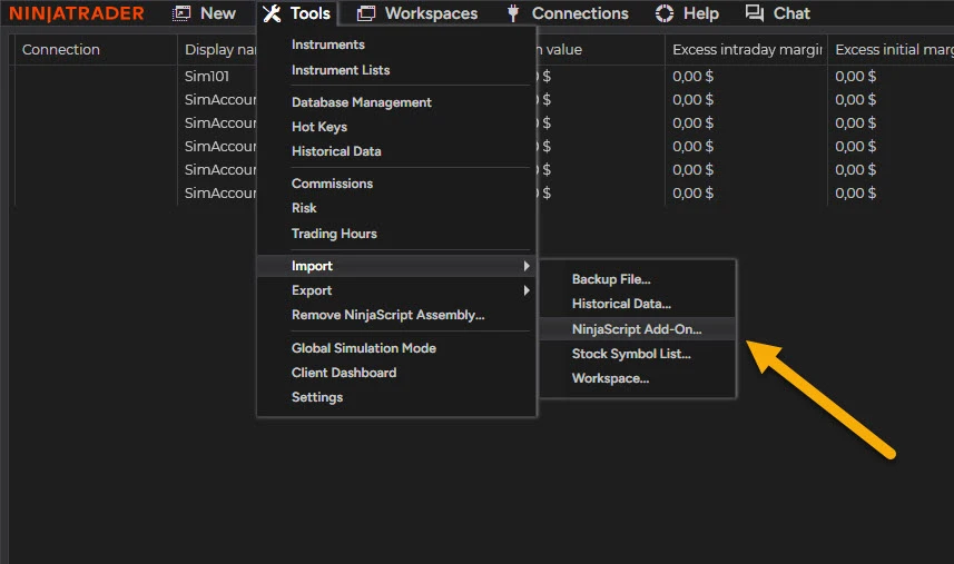 NinjaTrader 8 Control Center with the Tools menu open and Import → NinjaScript Add-On highlighted