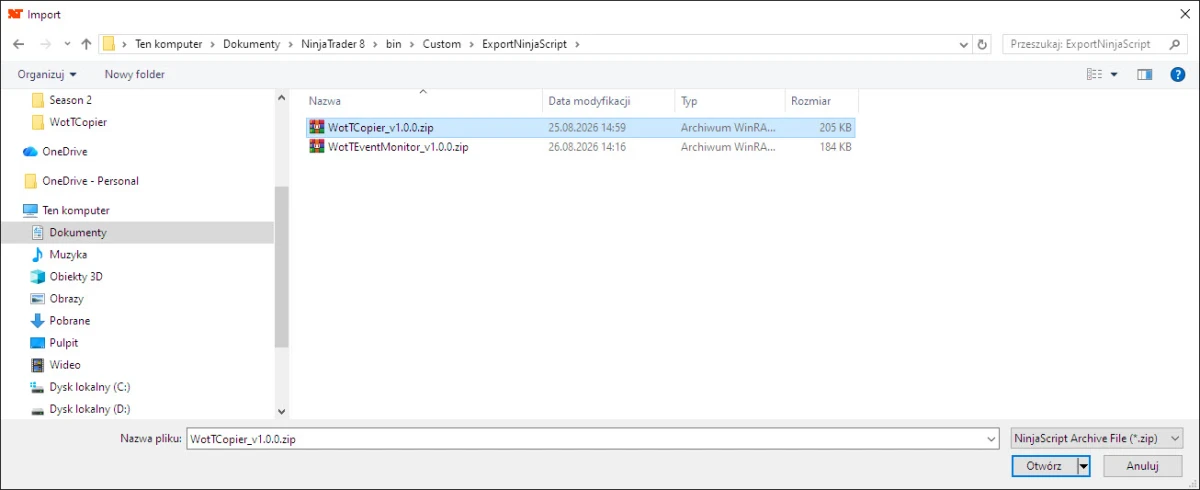 Windows file picker with a NinjaScript .zip archive selected for import