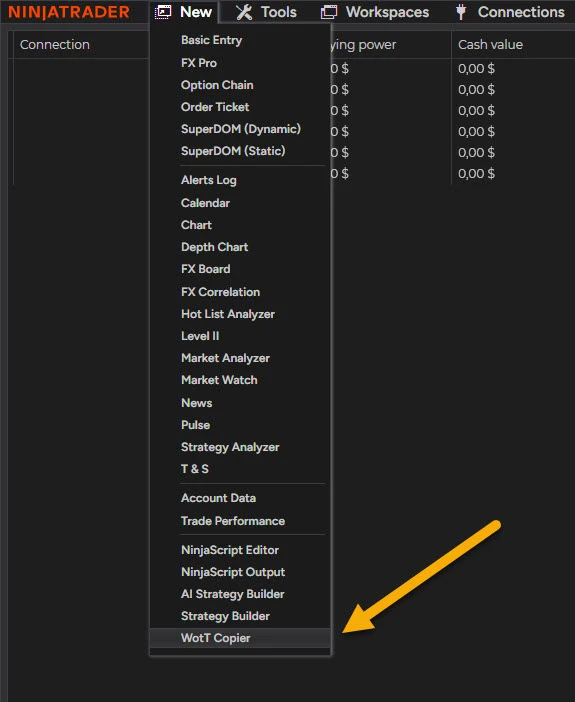 NinjaTrader 8 Control Center New menu with a custom add-on window listed at the bottom