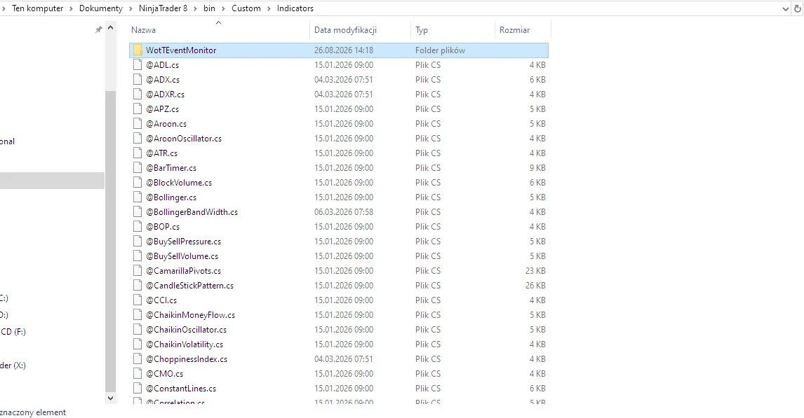 Windows Explorer showing the Documents\NinjaTrader 8\bin\Custom\Indicators folder with a .cs file added