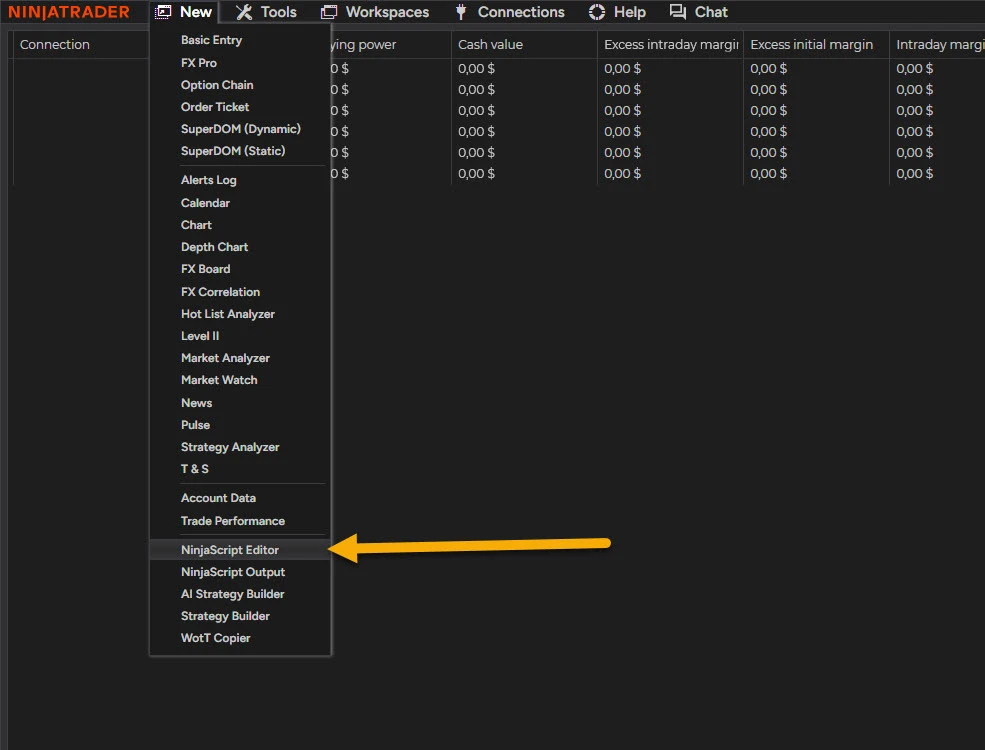 NinjaTrader 8 Control Center New menu with NinjaScript Editor highlighted