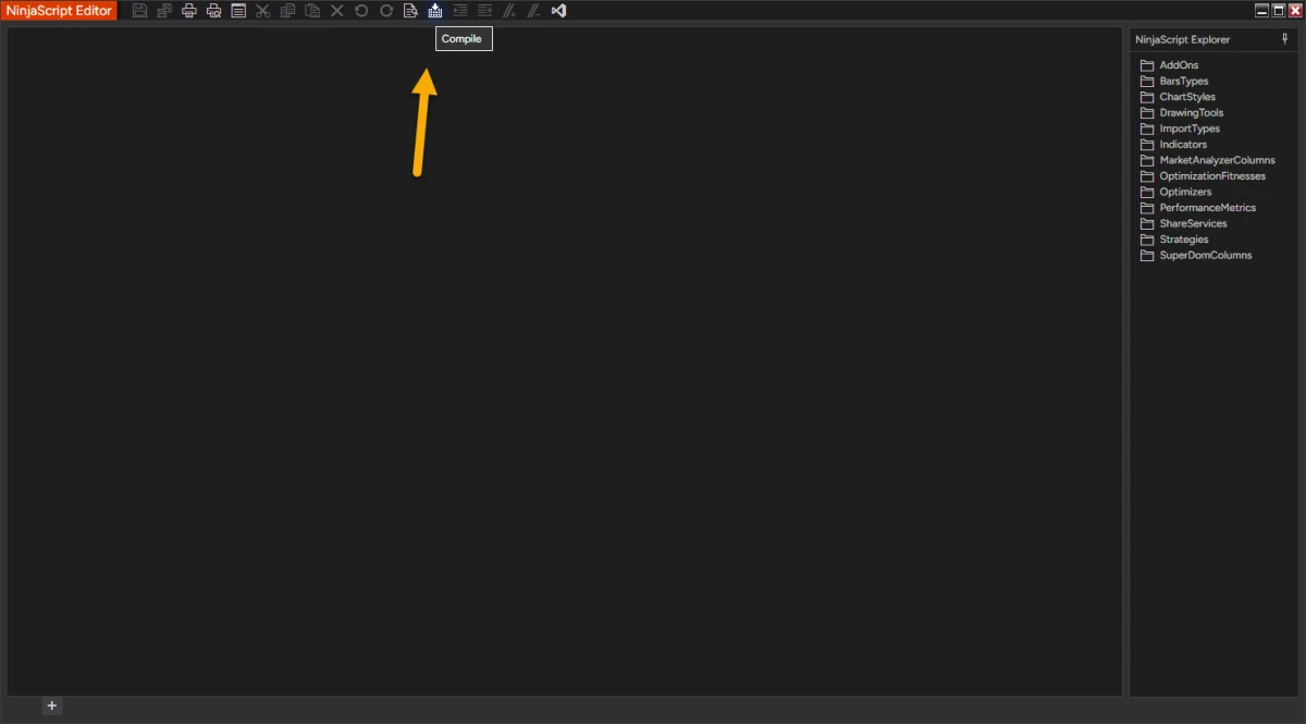 NinjaScript Editor with the compile button highlighted and an empty error list after a successful build