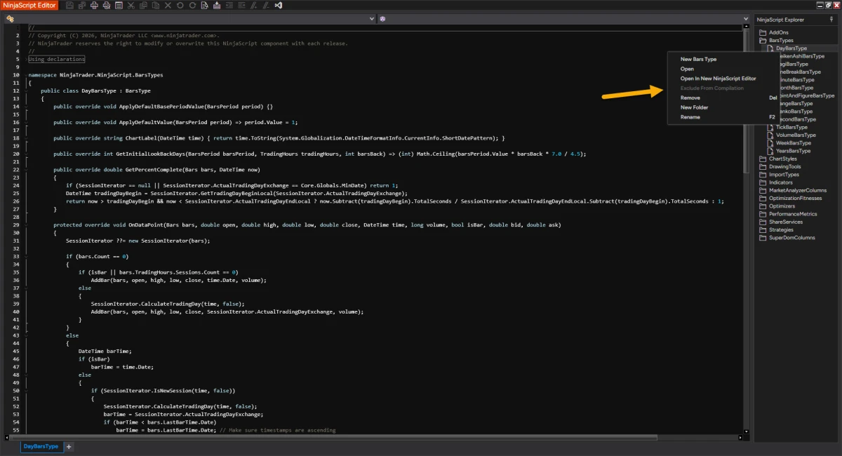 NinjaScript Editor context menu on a custom file showing the Exclude From Compilation option