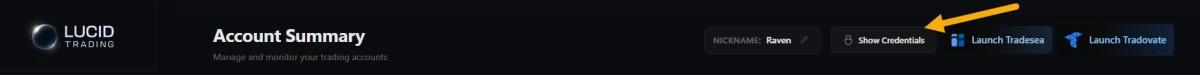 Lucid dashboard Account Summary bar with the Show Credentials button highlighted