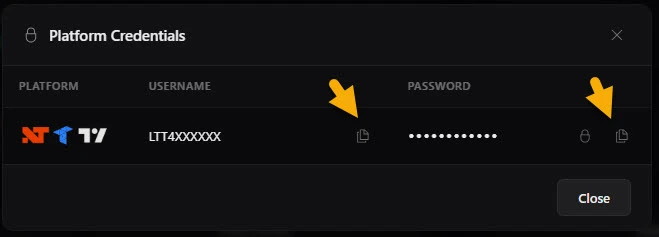 Lucid Platform Credentials modal with copy icons next to the username and password