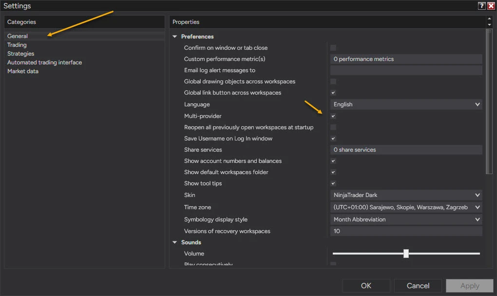 NinjaTrader 8 Settings window, General category, with the Multi-provider checkbox enabled