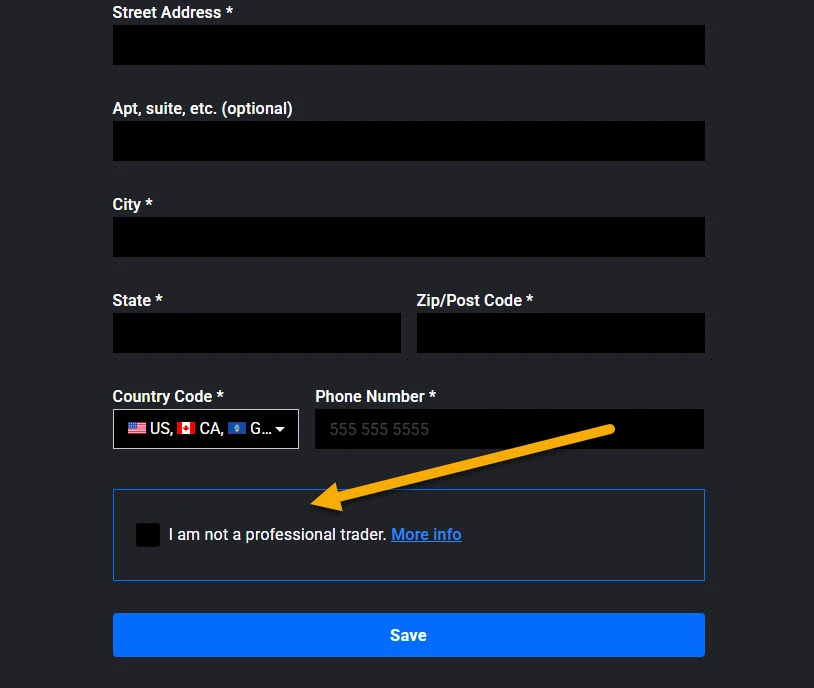 Tradovate profile form with the 'I am not a professional trader' checkbox highlighted