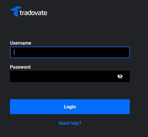 Tradovate login form with username and password fields