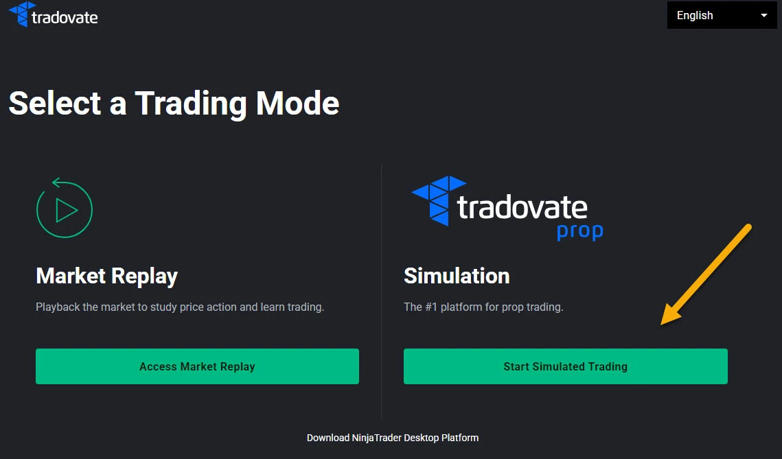 Tradovate Select a Trading Mode screen with the Simulation (Tradovate Prop) environment highlighted