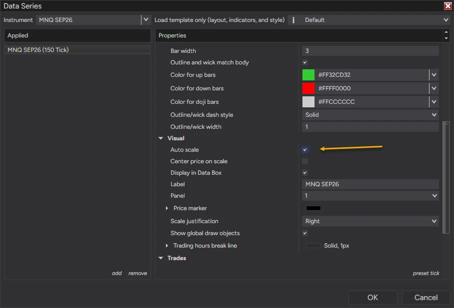 NinjaTrader 8 Data Series window, Visual section, with the Auto scale checkbox highlighted by an arrow
