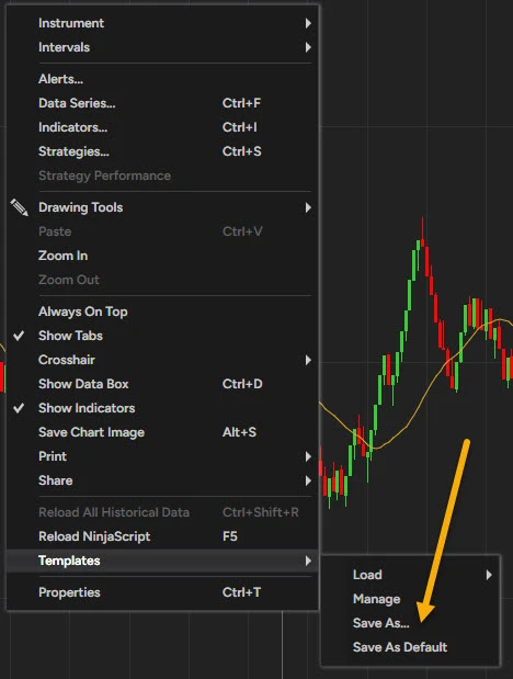 NinjaTrader 8 chart right-click menu with Templates expanded, showing Load, Manage, Save As and Save As Default