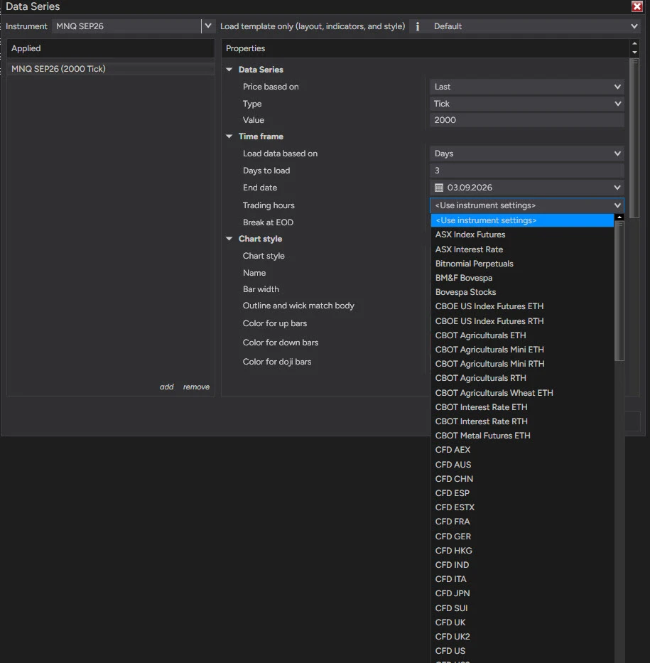 NinjaTrader 8 Trading hours dropdown open in the Data Series window, showing exchange session templates such as CBOE US Index Futures ETH and RTH