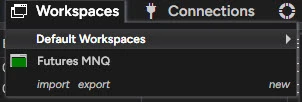 NinjaTrader 8 Control Center Workspaces menu with Default Workspaces, a saved Futures MNQ workspace and the import, export and new options