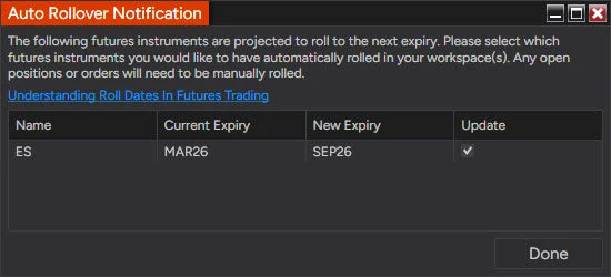 NinjaTrader 8 Auto Rollover Notification dialog listing a futures instrument with its Current Expiry, New Expiry and an Update checkbox, with a note that open positions and orders must be rolled manually
