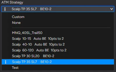 NinjaTrader 8 Chart Trader ATM Strategy dropdown open, showing Custom and None at the top and a list of saved ATM templates below