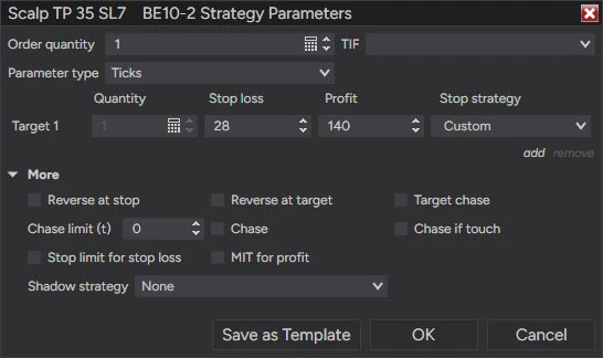 NinjaTrader 8 ATM Strategy Parameters window: Order quantity, TIF, Parameter type set to Ticks, one target row with Quantity, Stop loss, Profit and Stop strategy set to Custom, and the More section with Reverse at stop, Reverse at target, Target chase, Chase and Shadow strategy