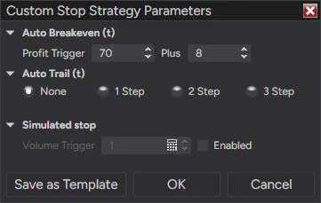NinjaTrader 8 Custom Stop Strategy Parameters window with Auto Breakeven profit trigger and plus fields, Auto Trail set to None, 1 Step, 2 Step or 3 Step, and Simulated stop with a Volume Trigger