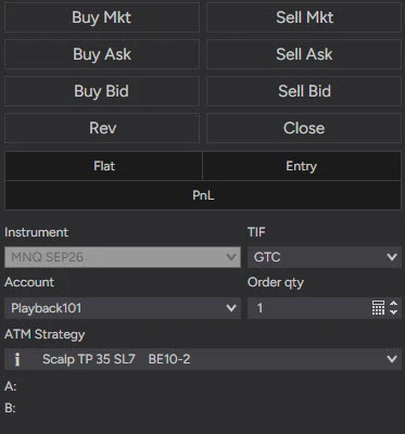 NinjaTrader 8 Chart Trader panel with the order buttons on top and, below, instrument MNQ SEP26, TIF GTC, the Account dropdown set to Playback101, order quantity 1 and an ATM Strategy selected