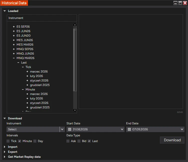 NinjaTrader 8 Historical Data window as it opens from Playback Connection: the Loaded tree on the left lists ES, MES and MNQ contracts with tick, minute and day data by month; below it the Download, Import, Export and Get Market Replay data sections are collapsed