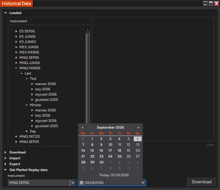 NinjaTrader 8 Historical Data window with the Get Market Replay data section expanded: the instrument dropdown shows MNQ SEP26 and a date picker calendar for September 2026 is open with one day selected, next to the Download button