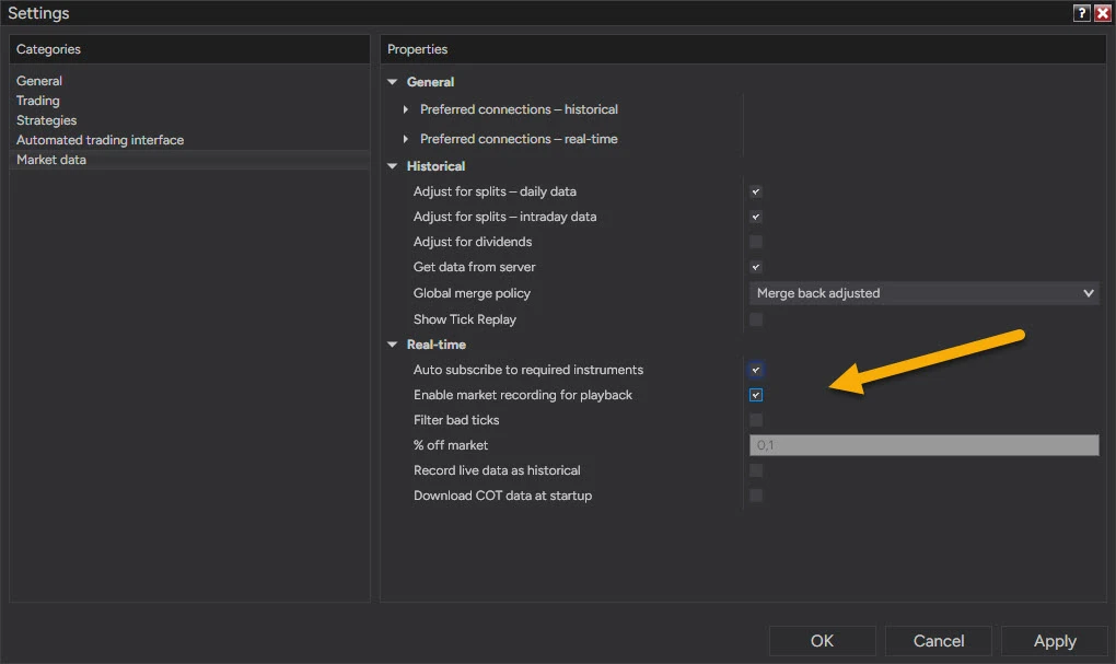 NinjaTrader 8 Options window, Market data category: under Real-time the checkbox Enable market recording for playback is ticked and marked with an arrow, above Filter bad ticks and Record live data as historical