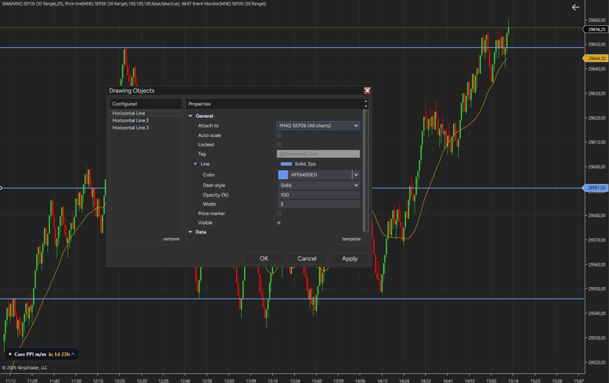 NinjaTrader 8 Drawing Objects dialog listing three Horizontal Line objects on an MNQ range chart, with the Attach to property set to MNQ SEP26 (All charts)