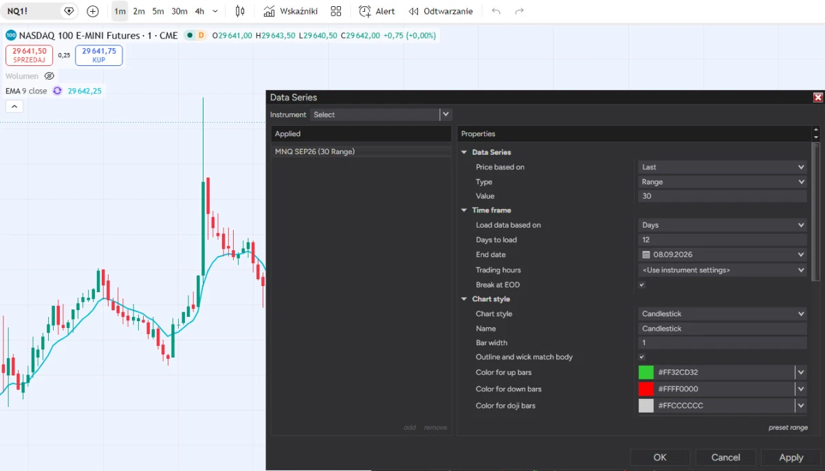 TradingView chart on the continuous NQ1! symbol next to the NinjaTrader 8 Data Series dialog showing the applied series MNQ SEP26 (30 Range)