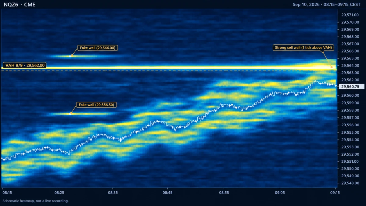 Rendered NQ heatmap, 08:15 to 09:15: two short bright bands labeled fake wall at 29,566 and 29,556.50 appear and vanish before price reaches them, while a long bright sell wall one tick above the value area high at 29,562 holds as price rises toward it