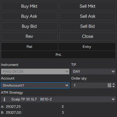 NinjaTrader 8 Chart Trader panel: six entry buttons Buy Mkt, Sell Mkt, Buy Ask, Sell Ask, Buy Bid, Sell Bid, then Rev and Close, Flat and Entry, PnL; below them Instrument MNQ DEC26, TIF DAY, Account SimAccount1, Order qty 1 and an ATM Strategy named Scalp TP 35 SL7 BE10-2 with two target rows