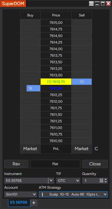 NinjaTrader 8 SuperDOM (Dynamic) on ES SEP26: Buy, Price and Sell columns with the last price highlighted in yellow, bid size 18 and ask size 33 next to the inside market, Market and PnL cells at the bottom, Rev, Flat and Close buttons, TIF GTC, Quantity 1, Account Sim101 and an ATM Strategy named Scalp 10-15 Auto BE selected