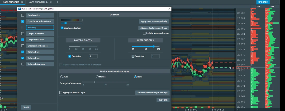 Bookmap Studies configuration window for NQZ6.CME with Heatmap selected in the study list on the left, where Cumulative Volume Delta, Large trades alert, Volume Bars and Volume Dots are also ticked; on the right the Colormap section with Display on toolbar ticked and the Apply color scheme globally and Advanced colormap settings buttons, the LOWER CUT-OFF % slider with Exact size ticked at 0, the UPPER CUT-OFF % slider near 97 with Exact size unticked, Display lower cut-off slider on the toolbar ticked, Vertical smoothing / averaging set to None, Aggregate Market Depth unticked and the Advanced market depth settings button; behind the window the NQ heatmap around 29,574 with the COB and SVP columns