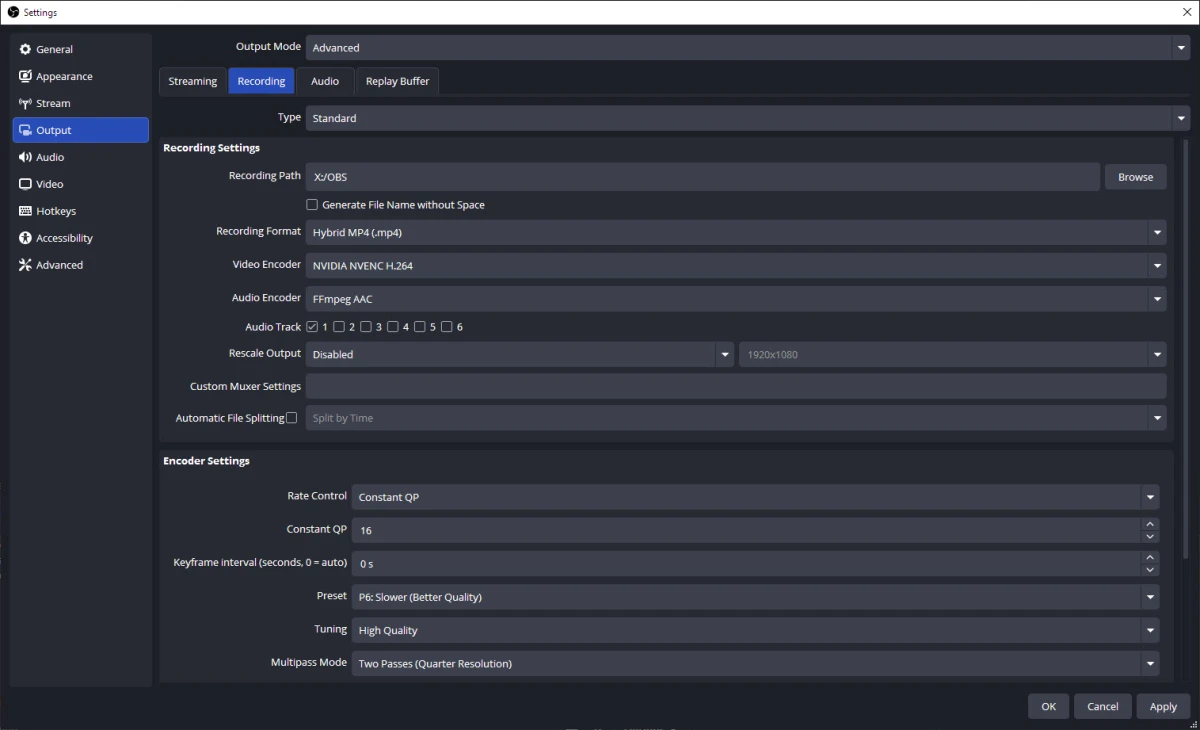 OBS Studio Settings window on the Output page with Output Mode set to Advanced and the Recording tab open: Recording Path X:/OBS, Recording Format Hybrid MP4 (.mp4), Video Encoder NVIDIA NVENC H.264, Audio Encoder FFmpeg AAC, audio track 1 ticked, Rescale Output disabled, Automatic File Splitting unticked; under Encoder Settings, Rate Control Constant QP, Constant QP 16, Keyframe interval (seconds, 0 = auto) at 0 s, Preset P6: Slower (Better Quality), Tuning High Quality, Multipass Mode Two Passes (Quarter Resolution)