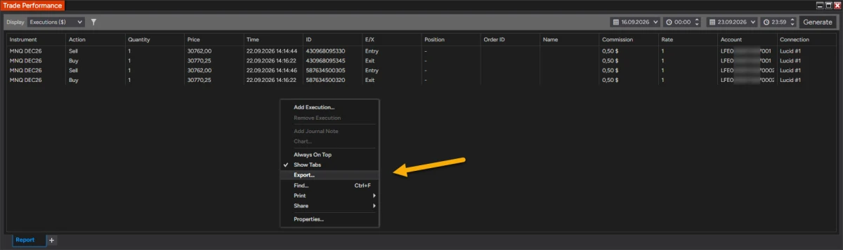 The same Trade Performance grid with its right-click menu open and an arrow pointing at Export...; the menu lists Add Execution..., Remove Execution, Add Journal Note, Chart..., Always On Top, Show Tabs (ticked), Export..., Find... Ctrl+F, Print, Share and Properties...