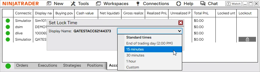NinjaTrader 8 Control Center Accounts tab with a Lockout column and the Set Lock Time dialog open for a prop test account, offering End of trading day, 15 minutes, 30 minutes, 1 hour and Custom