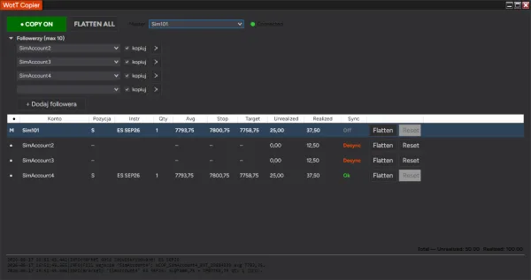 WotT TradeCopier configuration — master selection and follower checkboxes