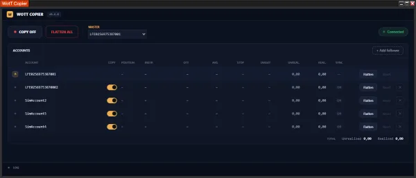 WotT TradeCopier v1.0 — accounts table with a COPY toggle per follower, copying switched off