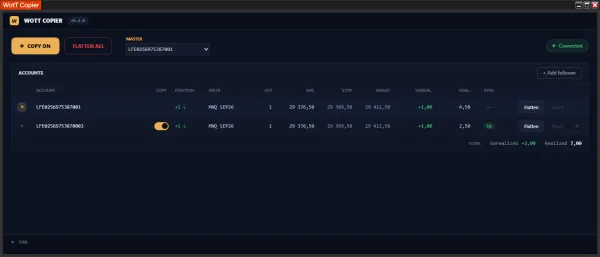 WotT TradeCopier v1.0 — COPY ON with a live MNQ position mirrored on the follower, SYNC status Ok